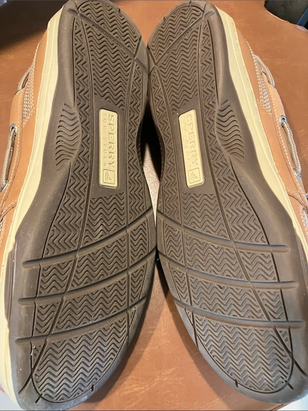 Sperry Tan Leather Boat Shoes with White Soles
